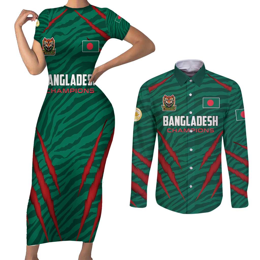 Custom Bangladesh Cricket Couples Matching Short Sleeve Bodycon Dress and Long Sleeve Button Shirt The Tigers Go Champions - Wonder Print Shop