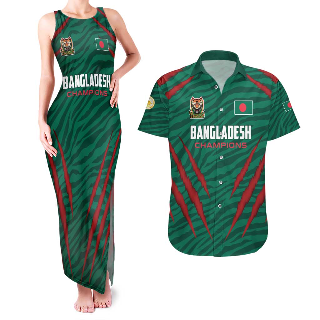 Custom Bangladesh Cricket Couples Matching Tank Maxi Dress and Hawaiian Shirt The Tigers Go Champions - Wonder Print Shop