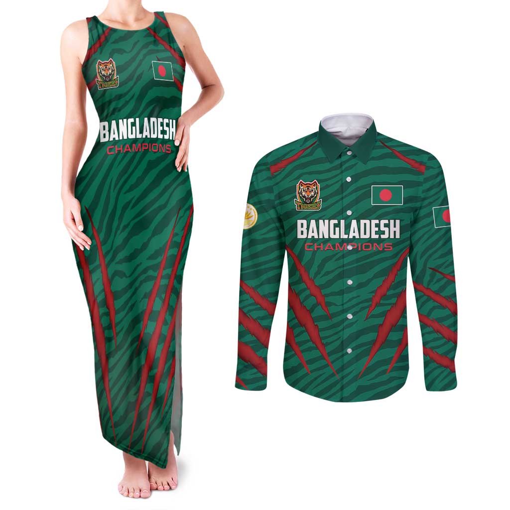 Custom Bangladesh Cricket Couples Matching Tank Maxi Dress and Long Sleeve Button Shirt The Tigers Go Champions - Wonder Print Shop