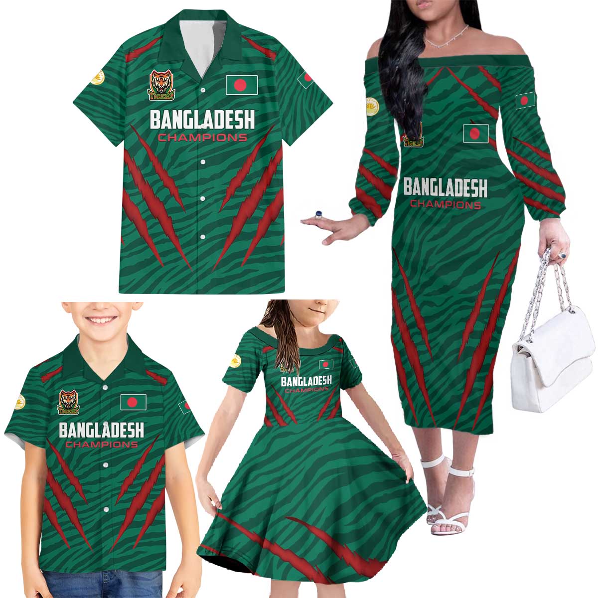 Custom Bangladesh Cricket Family Matching Off The Shoulder Long Sleeve Dress and Hawaiian Shirt The Tigers Go Champions - Wonder Print Shop