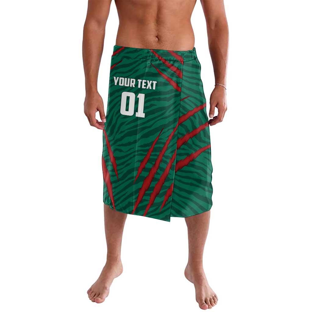 Green lavalava with red diagonal stripes, custom text and '01' front print