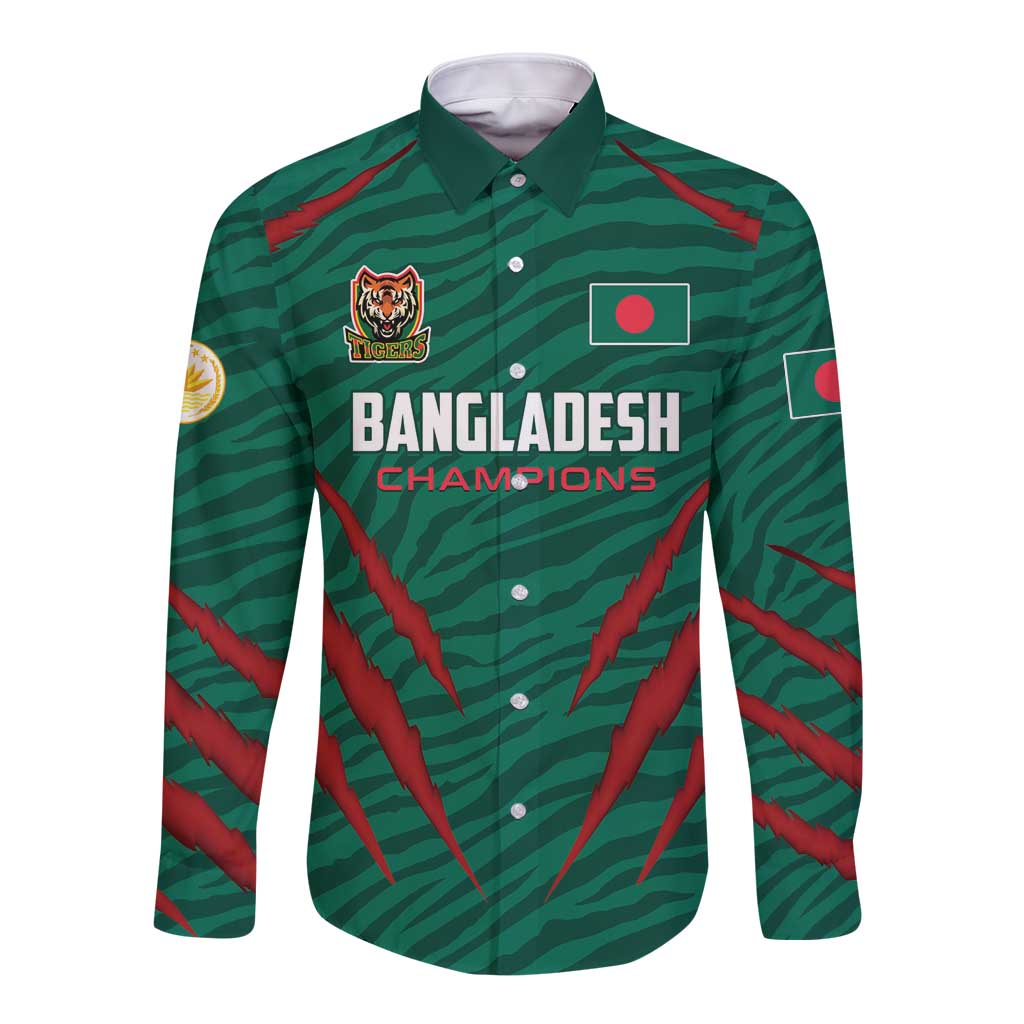 Green long-sleeve cricket button shirt with Bangladesh Champions graphic on front