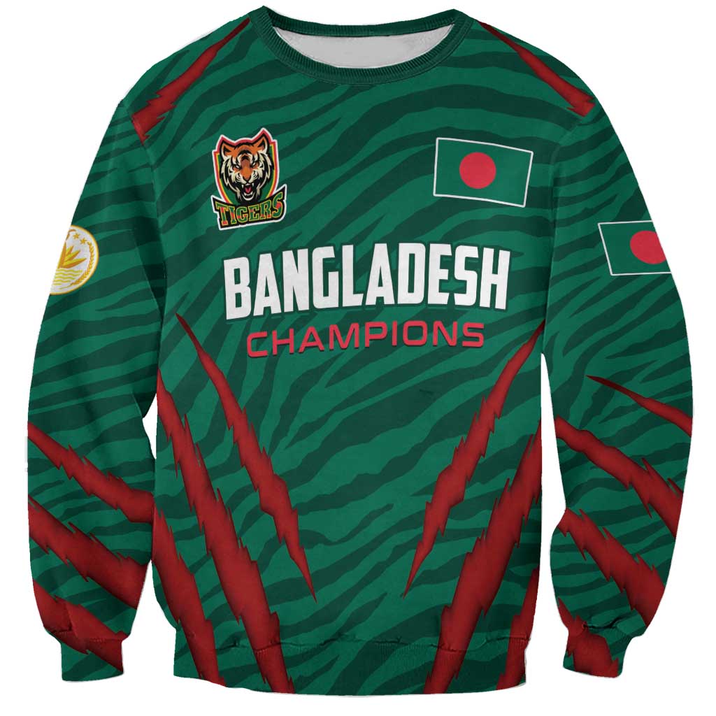 Green cricket sweatshirt with Tigers logo, Bangladesh Champions print and red stripe graphics