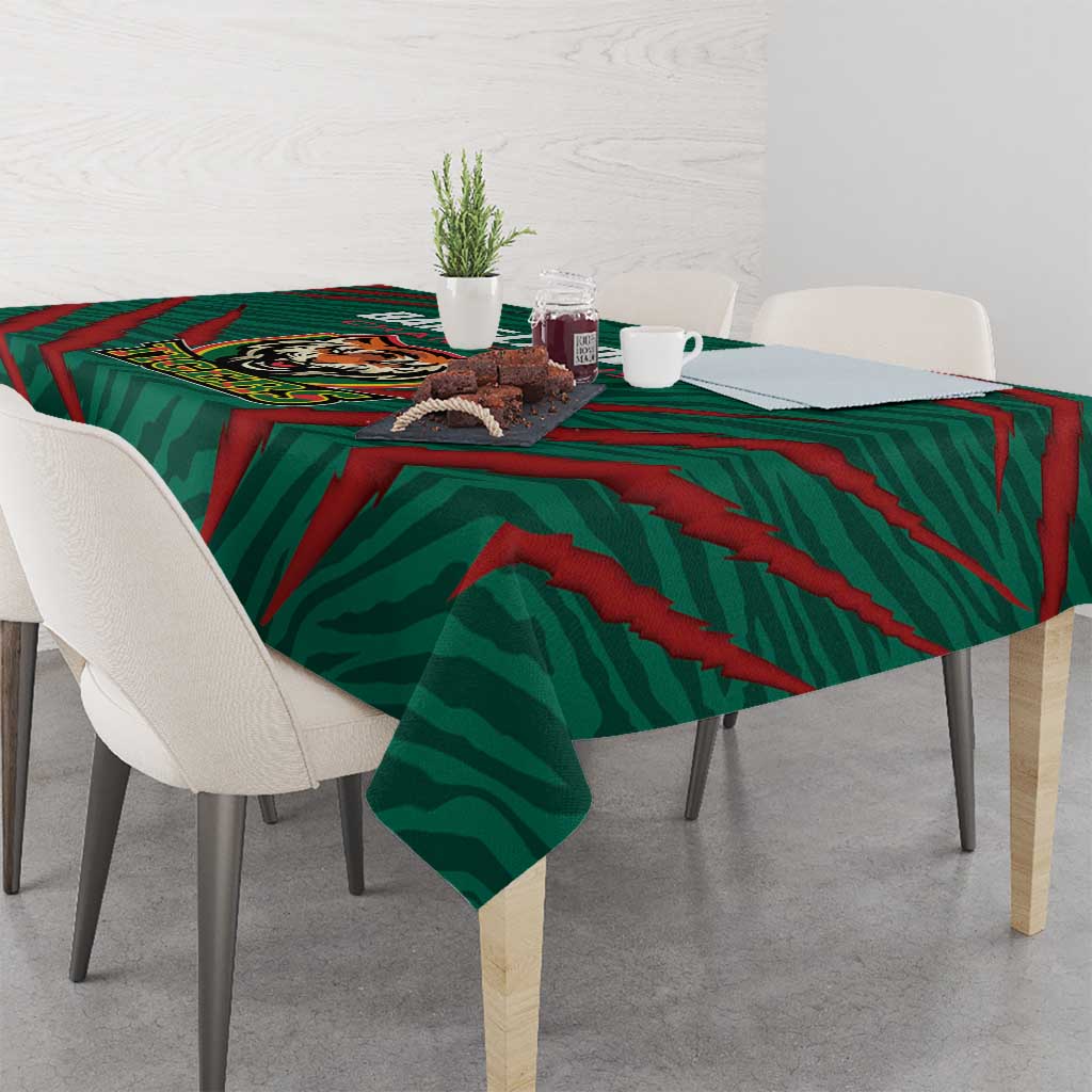 Green Bangladesh Tigers tablecloth with red diagonal stripes and emblem on top