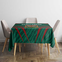 Green tablecloth with red stripe pattern and Bangladesh Champions Tigers logo
