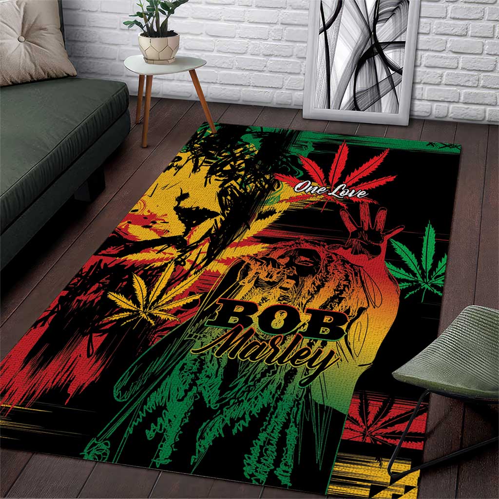 Multicolor area rug with reggae grunge art, lion portrait, cannabis leaves, One Love print