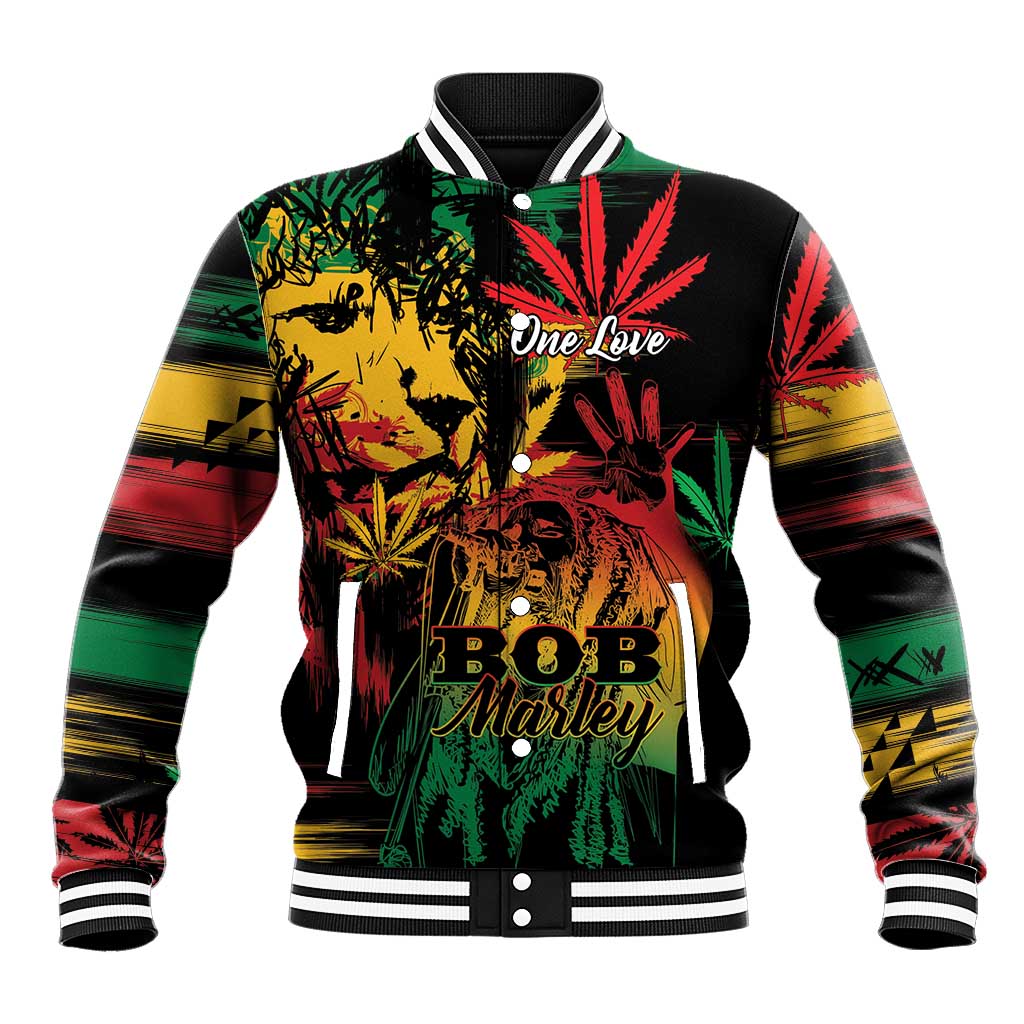 Black baseball jacket with colorful reggae graphic, snap buttons, striped rib trim