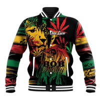 Black baseball jacket with colorful reggae graphic, snap buttons, striped rib trim