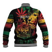 Black baseball jacket with reggae back print, striped rib collar and cuffs