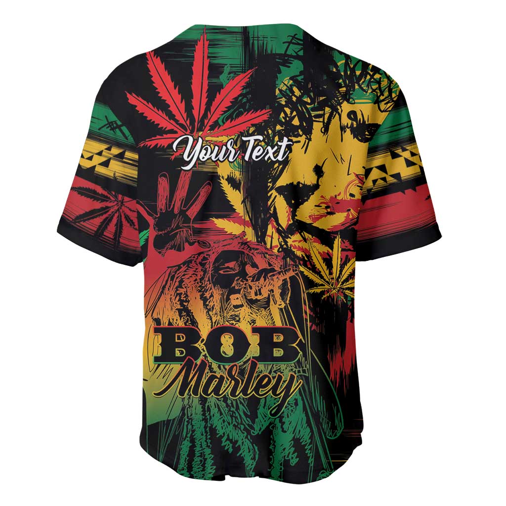 Baseball jersey V-neck with black sleeves, back graphic 'Your Text' and Bob Marley