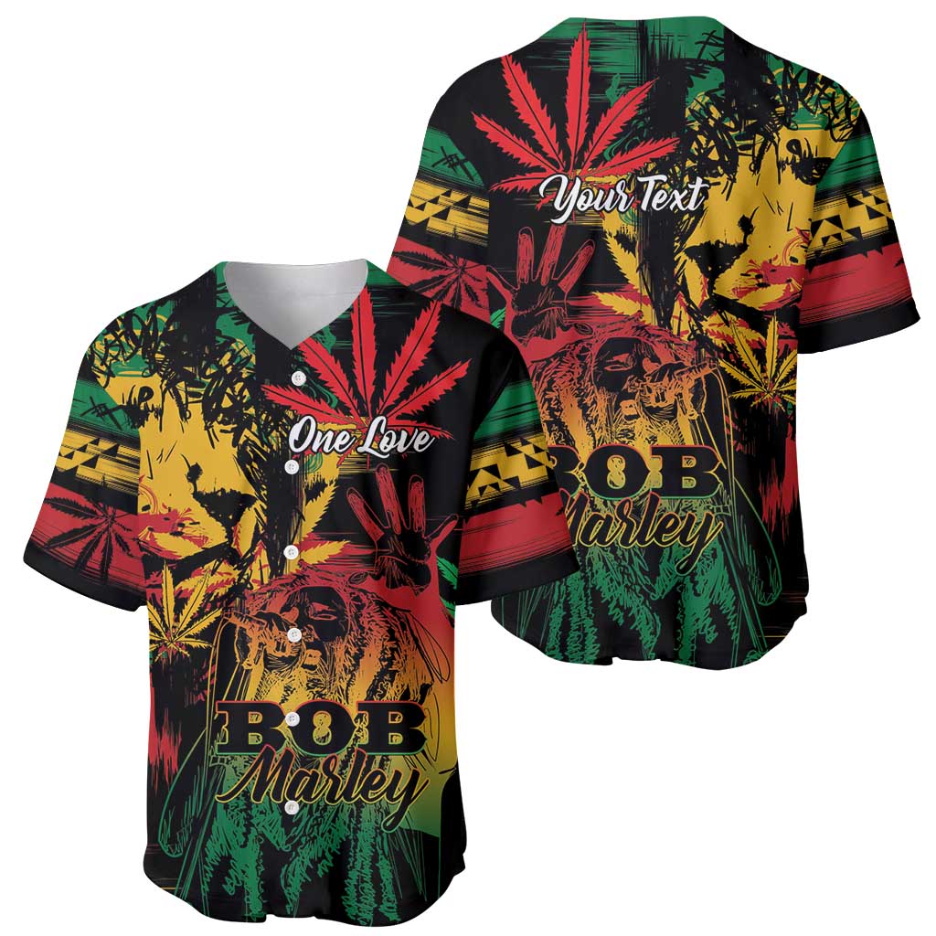 Baseball jersey shown front and back, reggae lion print with 'One Love' and 'Your Text'