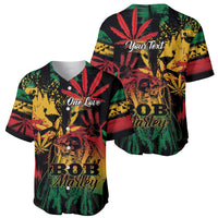 Baseball jersey shown front and back, reggae lion print with 'One Love' and 'Your Text'