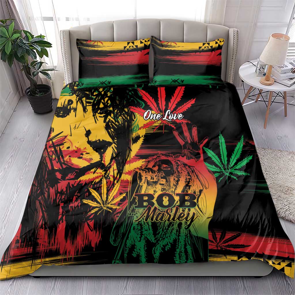 Black duvet and pillowcases with One Love, BOB Marley art and red green yellow pattern