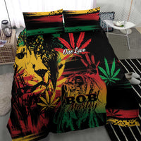 Marley bedding set with black duvet featuring lion face and reggae leaf graphics in green/red