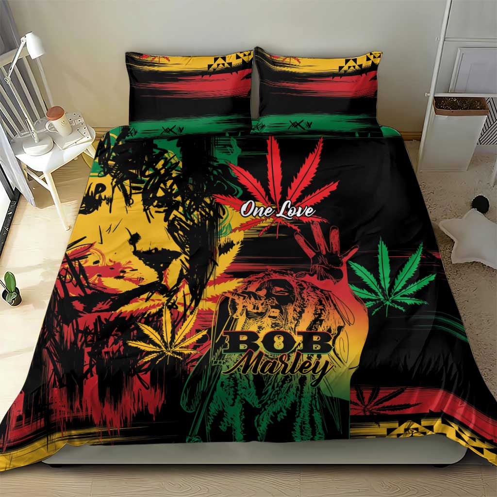 Black bed set with One Love script, BOB Marley lettering and bold green red accents