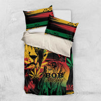 Folded Marley bedding set showing black duvet with BOB Marley and One Love artwork