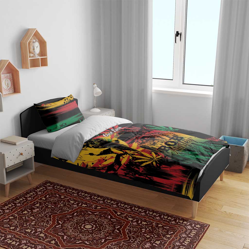 BOB Marley bedding set with black base and red green yellow reggae collage design