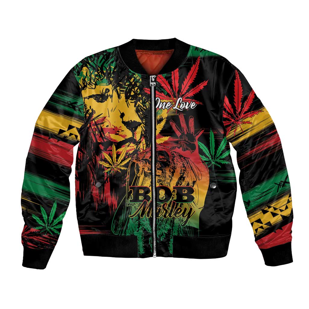 Black bomber jacket with front zip, colorful reggae lion and leaf graphic, striped sleeves