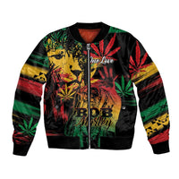 Black bomber jacket with front zip, colorful reggae lion and leaf graphic, striped sleeves