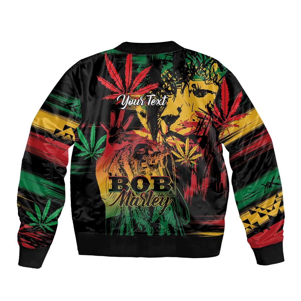 Black bomber jacket with back print, reggae lion and leaf graphics, striped sleeves