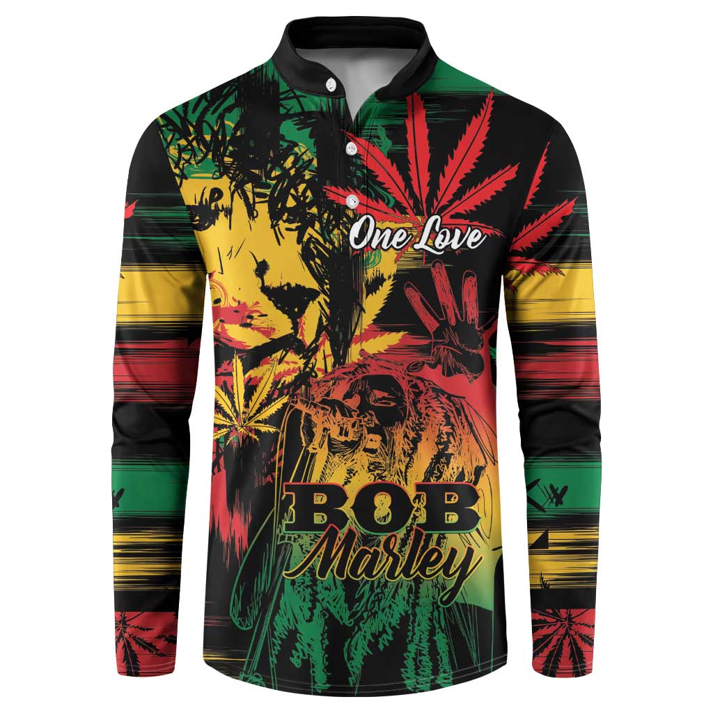 Black long-sleeve button henley sweatshirt with reggae graphic and striped sleeves