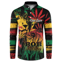 Black long-sleeve button henley sweatshirt with reggae graphic and striped sleeves
