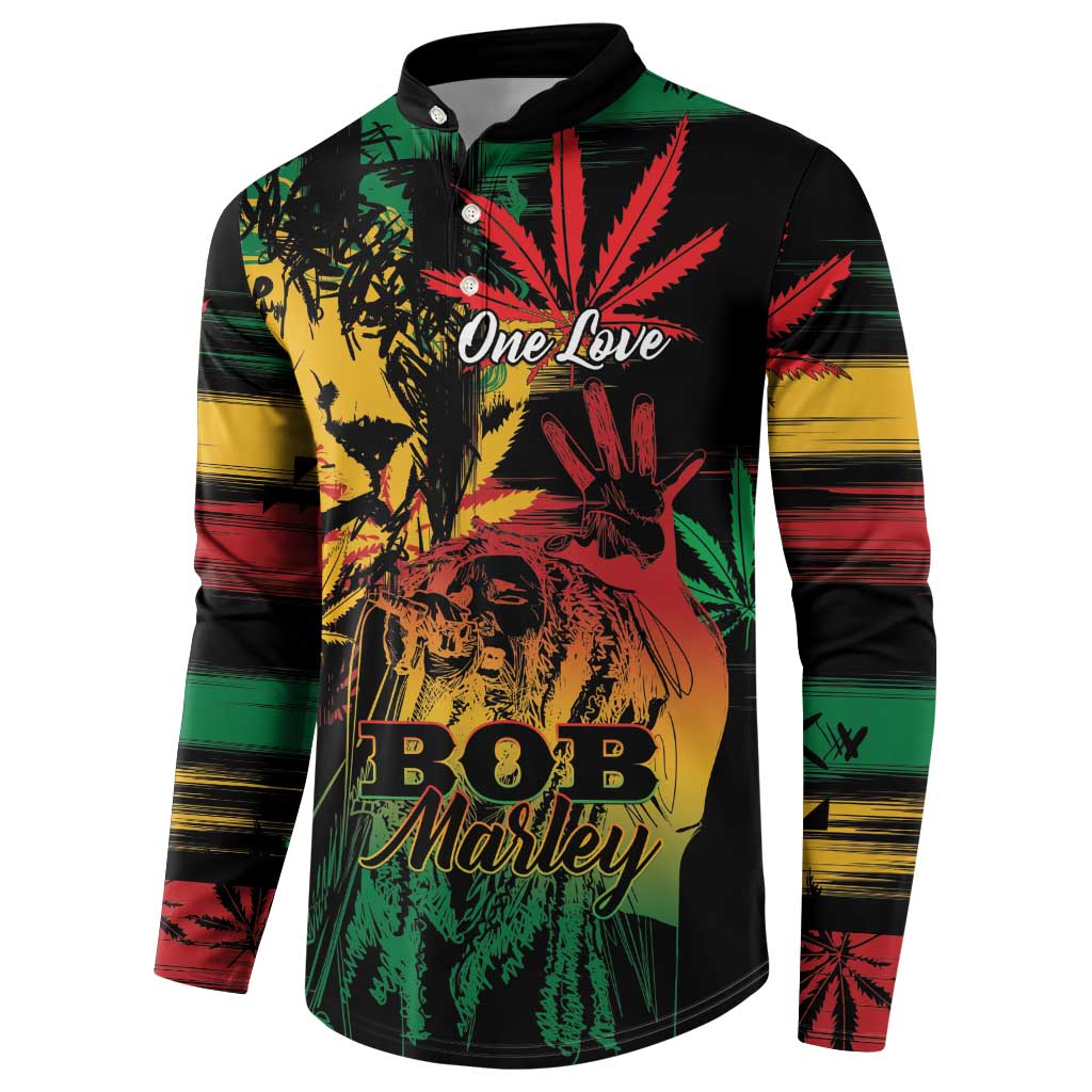 Black long-sleeve button henley sweatshirt with One Love and Bob Marley front graphic
