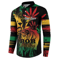 Black long-sleeve button henley sweatshirt with One Love and Bob Marley front graphic