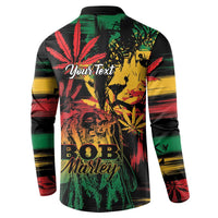 Black long-sleeve button henley sweatshirt with back graphic, reggae stripes, and tall leaves