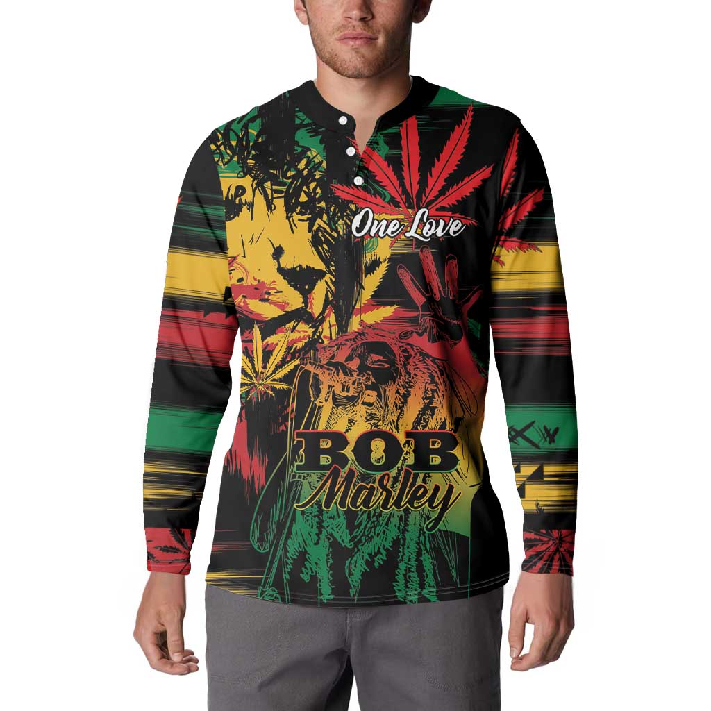 Black long-sleeve button henley sweatshirt on model with front reggae lion graphic