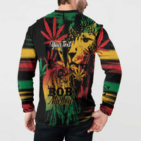 Black long-sleeve button henley sweatshirt on model with back reggae graphic and striped sleeves