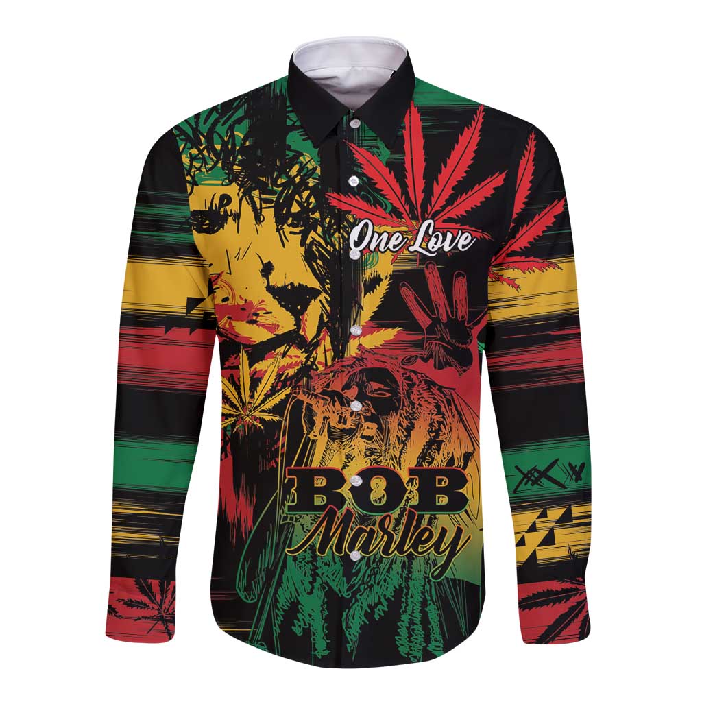 Long-sleeve button shirt with reggae graphic, lion, and 'One Love' print