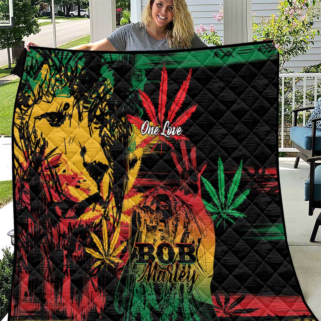 Quilt with black diamond quilting and reggae lion, One Love and Bob Marley graphics