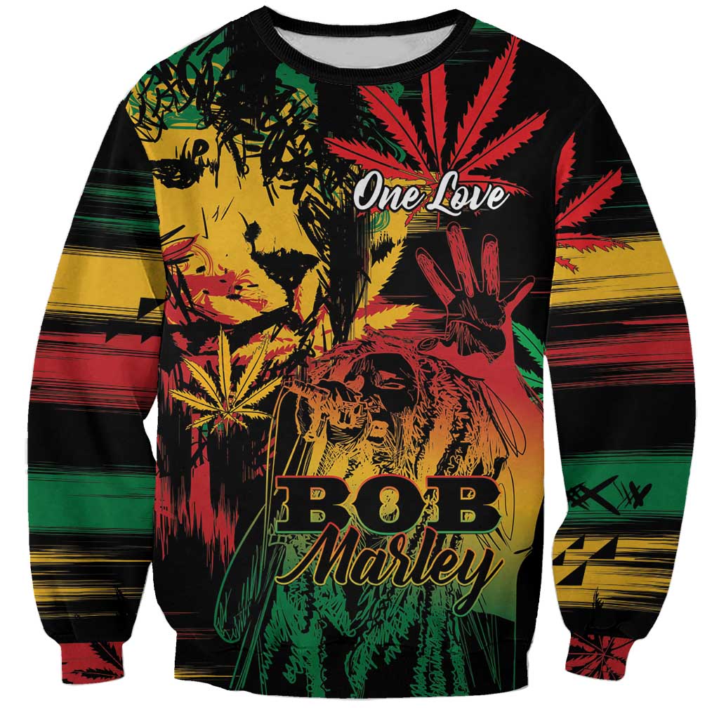 Unisex crewneck sweatshirt with bold reggae grunge print, One Love and lion graphic