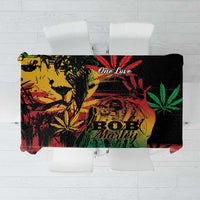 Black reggae grunge tablecloth with One Love Marley portrait, lion, and leaf graphics.