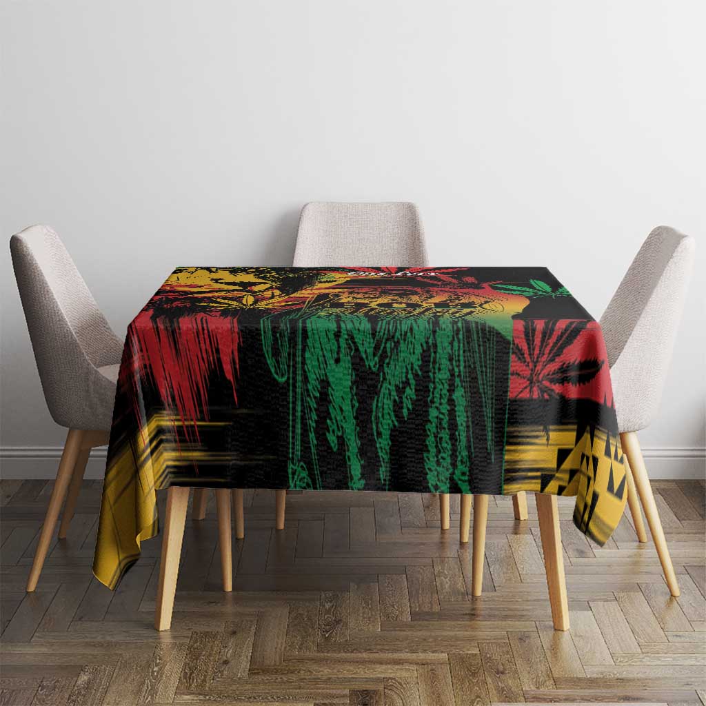 Black rectangular tablecloth with multicolor reggae lion portrait and cannabis leaf artwork.