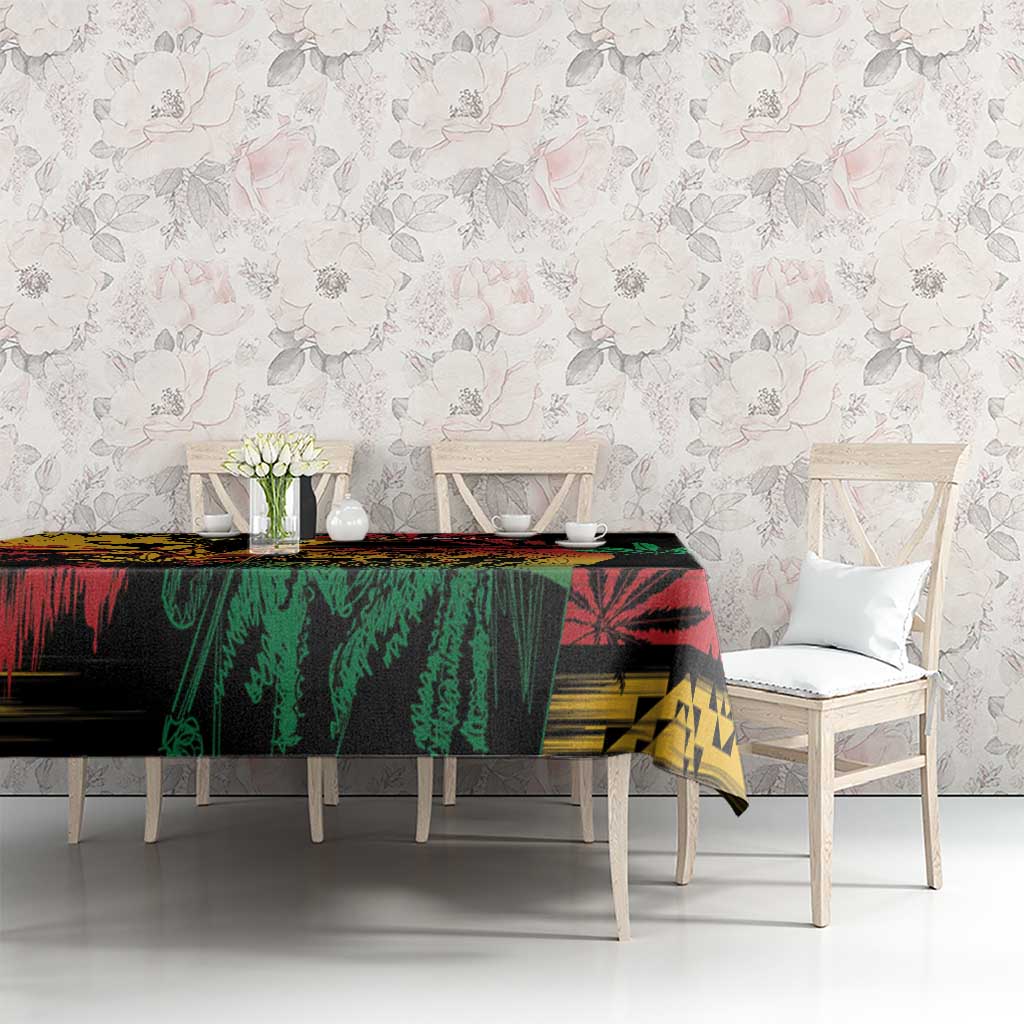Black reggae grunge tablecloth with One Love Marley-style lion and bold leaf graphics.