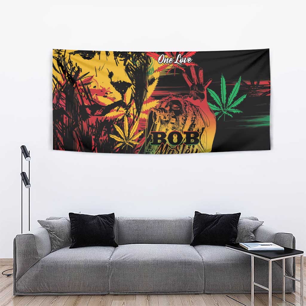 Tapestry with Bob Marley portrait, 'One Love' and cannabis leaves, bright red green accents.