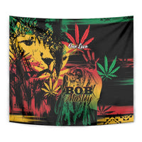 Close-up tapestry with Bob Marley portrait, 'One Love' text and cannabis leaves in grunge style.