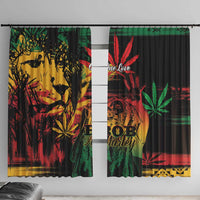 Window curtain panels with grunge reggae portrait and lion art, green/red/yellow on black.
