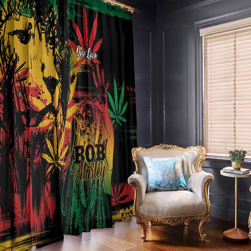 Pair of window curtains with grunge reggae portrait and cannabis leaf graphics on black.