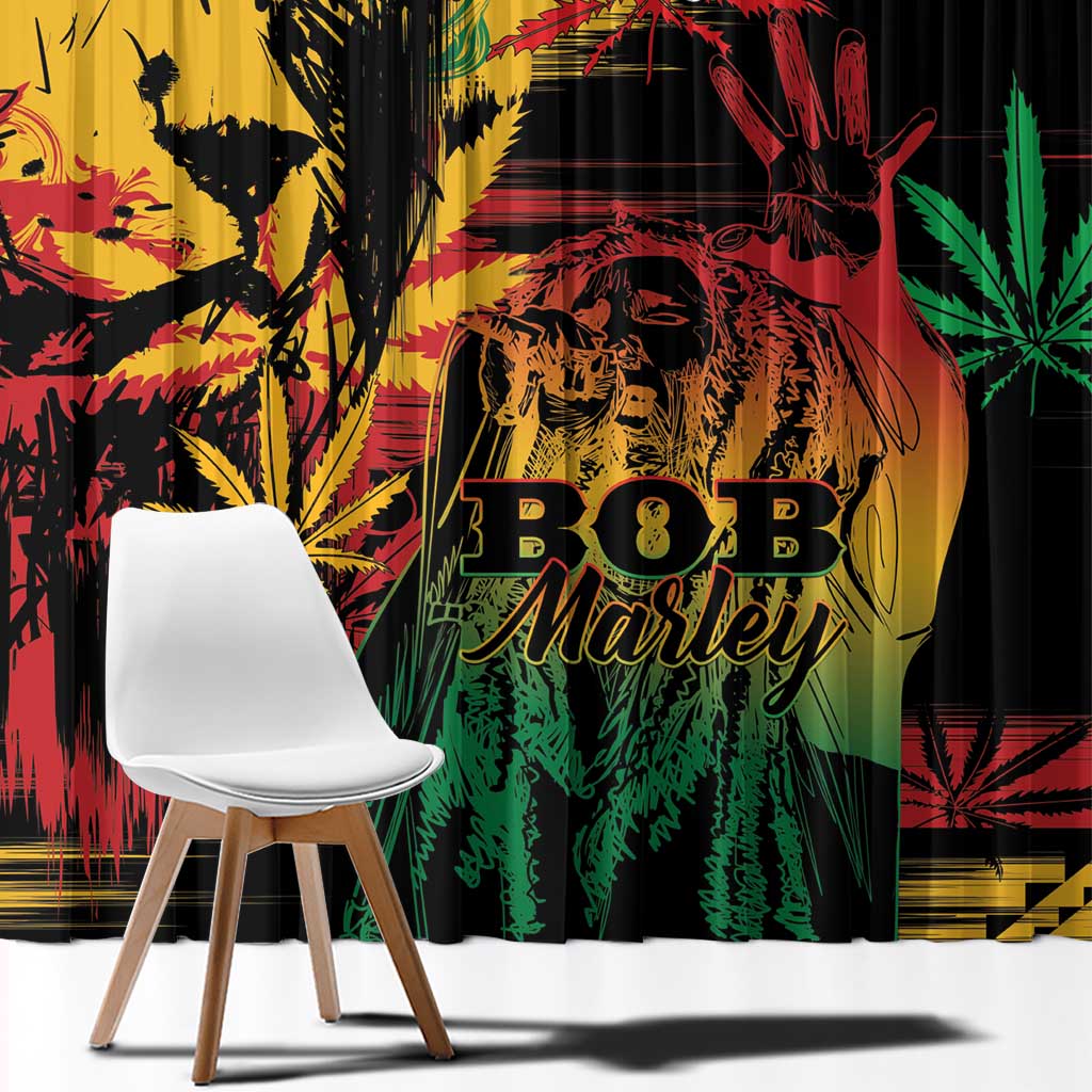 Close-up window curtain with grunge reggae portrait, red/green/yellow details on black.