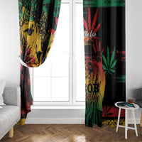 Window curtain panels with grunge reggae portrait, black with red, green, and yellow sections.