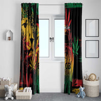 Two window curtains with grunge reggae portrait and leaf motifs on black with bright accents.