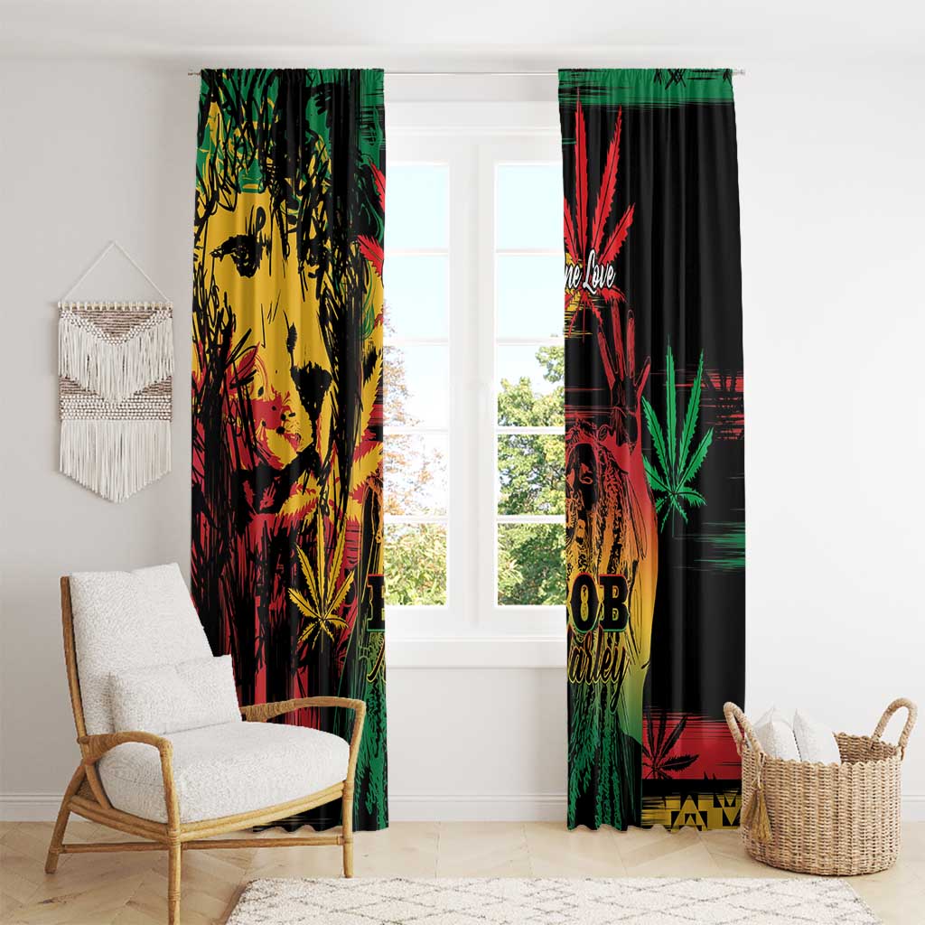 Window curtain panels with grunge reggae artwork, yellow and red faces with green highlights.