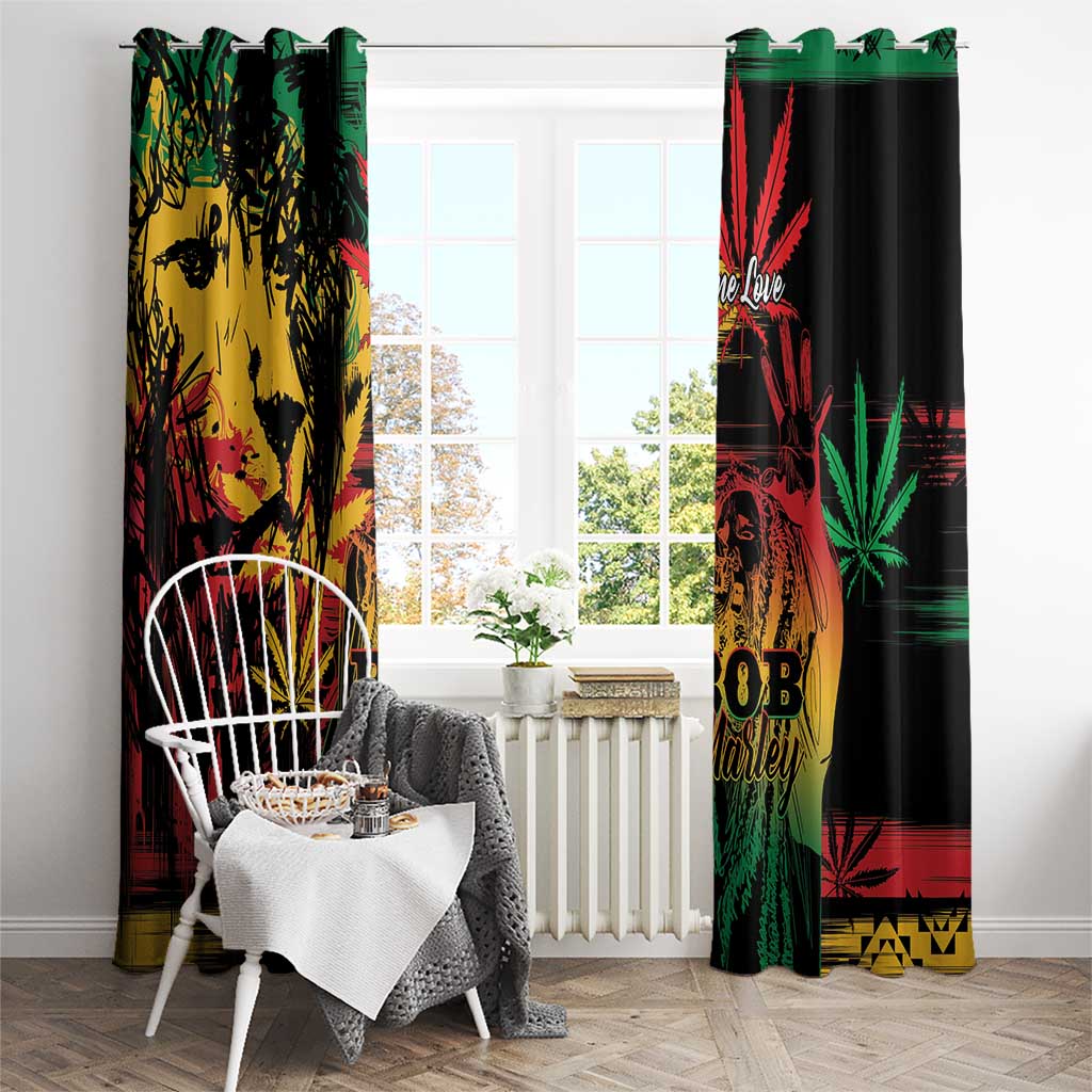 Pair of window curtains hanging on a rod, grunge reggae portrait with red/green/yellow details.