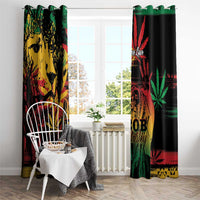 Pair of window curtains hanging on a rod, grunge reggae portrait with red/green/yellow details.