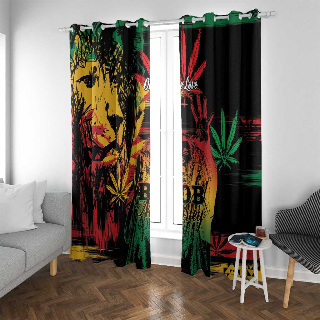 Window curtain pair with grunge reggae lion and leaf design, black with green and red accents.