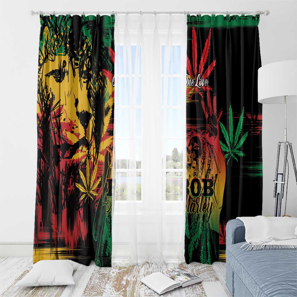 Hanging window curtains with grunge reggae lion and portrait art, black with green/red/yellow.