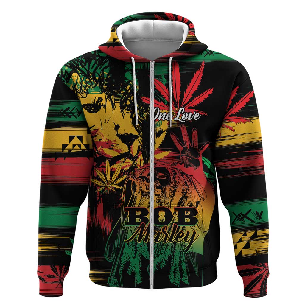 Personalized Reggae King Marley One Love Zip Hoodie Rastafarian Lion Grunge